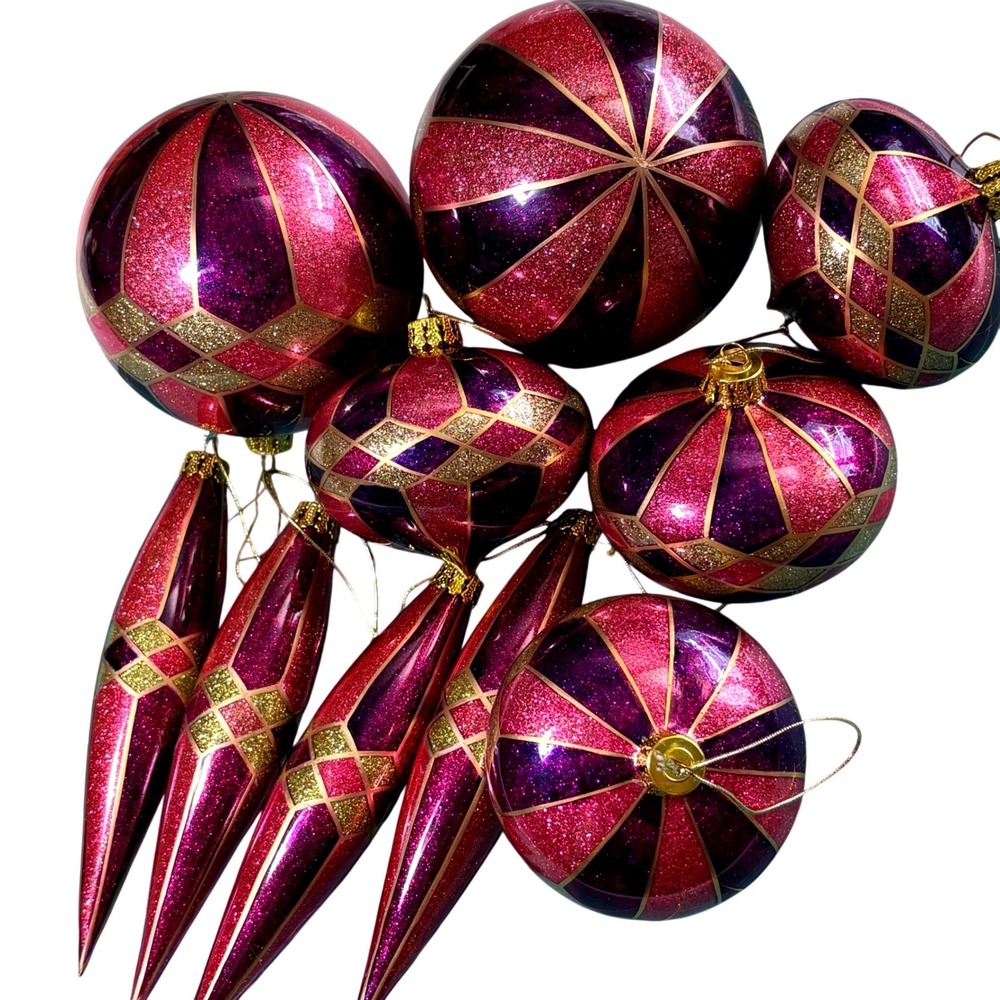 10 Purple Pink Gold Glitter Christmas Ornament Set Harlequin Finial Round‎